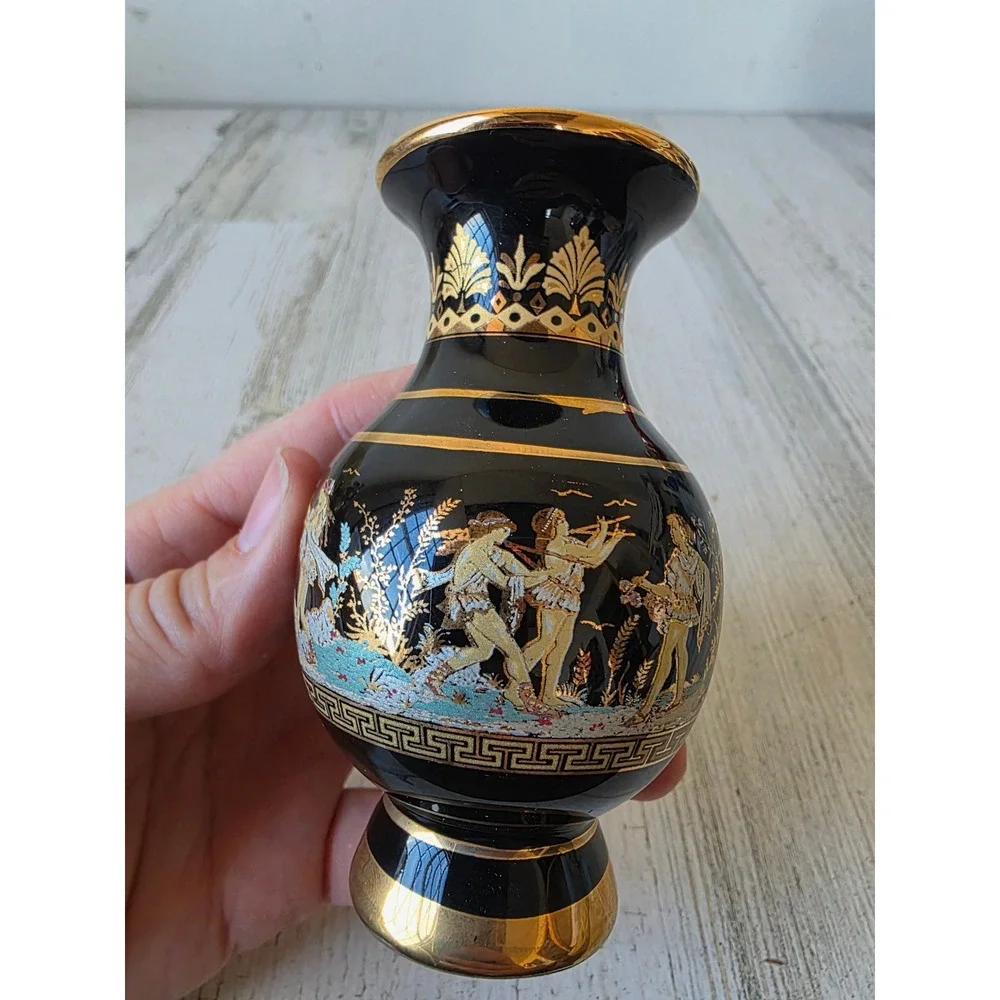 Vintage Olympia Greece mini black vase 24K decor gold‎